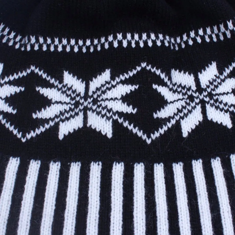 Зимняя вязаная шапка со снежинками и помпонами для мужчин, Лыжные шапки в черно-белую полоску с манжетами, теплые шапки