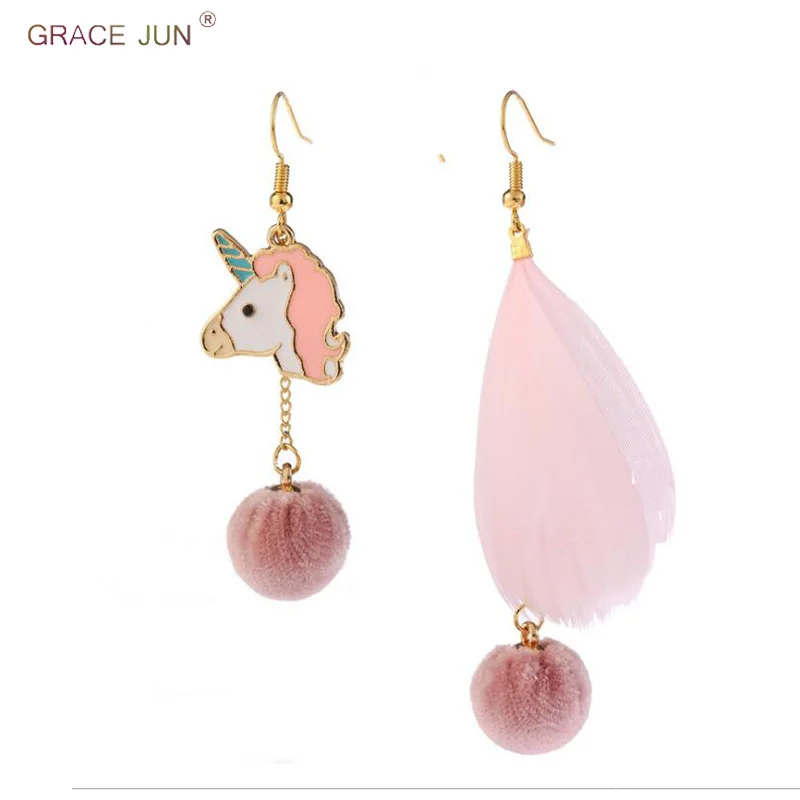 

Pink Color Fluffy Ball Feather Unicoin Clip on Earrings and Long Drop Pierced Earrings for Girl Party Charm Earrings Not Allergy