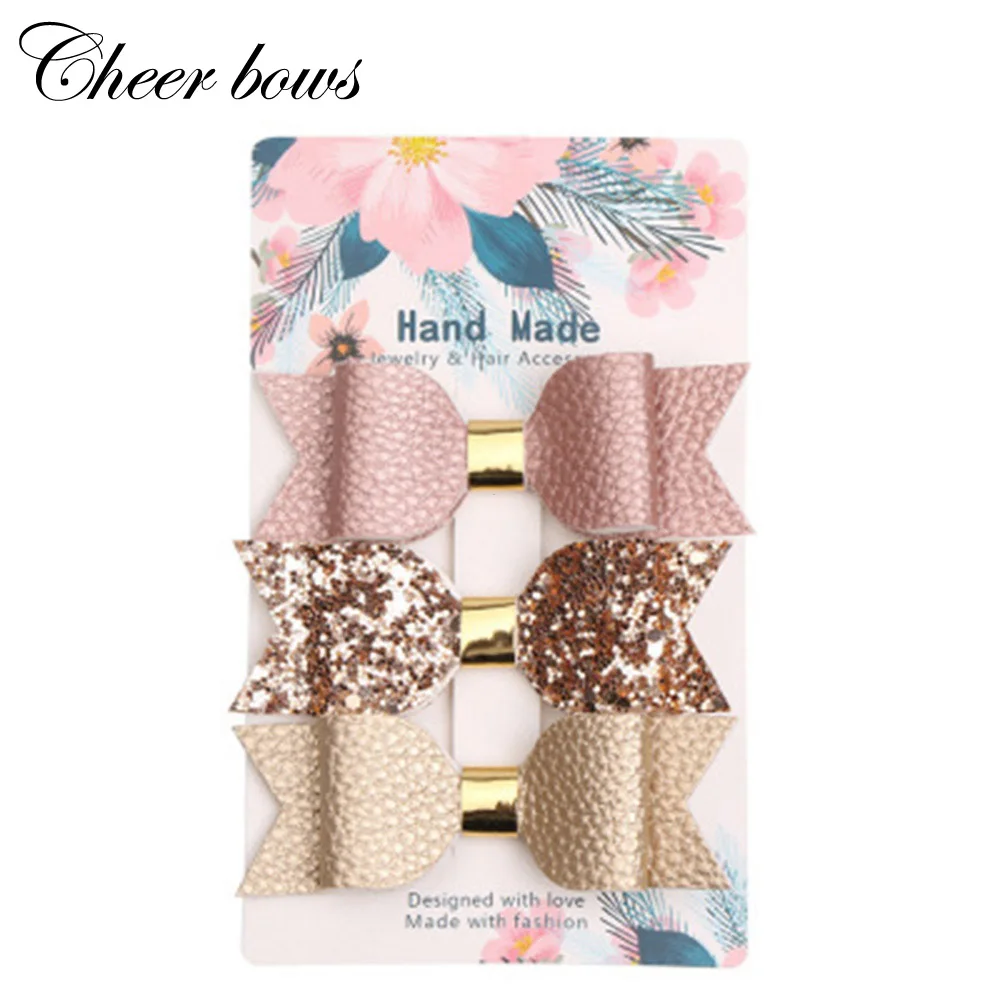 

3Pcs/Set Fashion Leather Glitter Hair bow Suits For Girls Kids Solid Hairpins Princess Hair Clip Boutique Hair Accessories