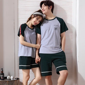 

Women's Pajamas summer Short sleeve Cotton Pyjamas Couple Sleepwear lovers Men Sleep Lounge Pajama Set