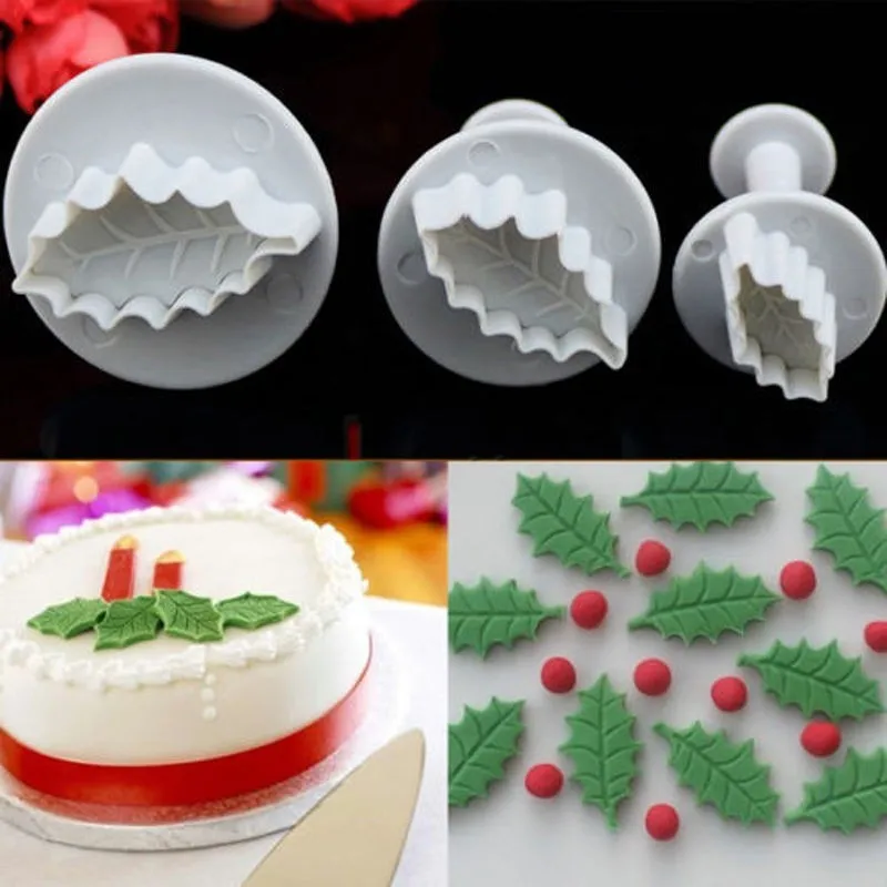 3Pcs/Set Christmas Rose Leaf Cake Icing Fondant Plunger Cutter Pastry