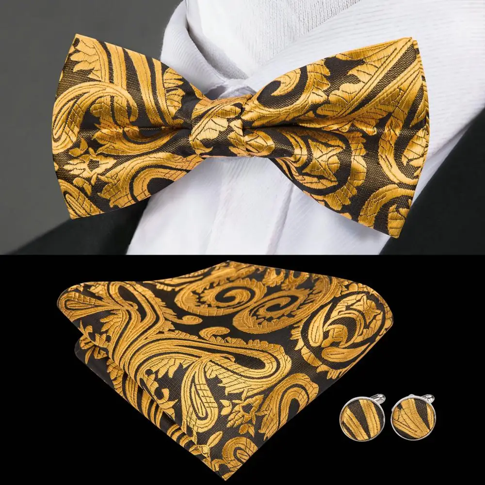LF-712 Barry.Wang для мужчин шелковый галстук бабочка золотой Пейсли Мода бабочка носовой комплекты запонок для мужчин s Свадебная деловая вечеринка