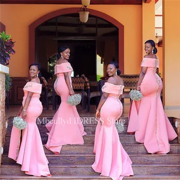 

Pink Mermaid Bridesmaid Dresses 2020 Applique Lace Long African Maid Of Honor Dress For Women Cheap Plus Size Wedding Guest Gown