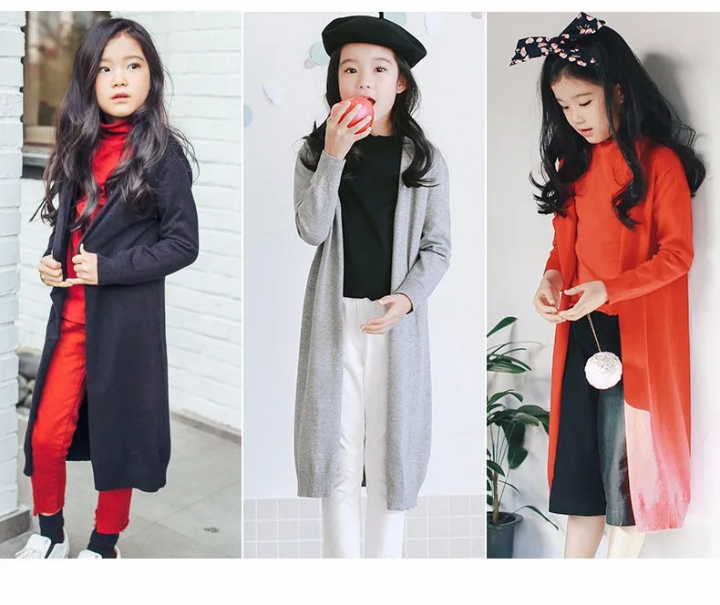 knitted girls cardigan coats 2017 new spring autumn long knitting baby big girls tops red gray black knit sweater kids clothes  (30)