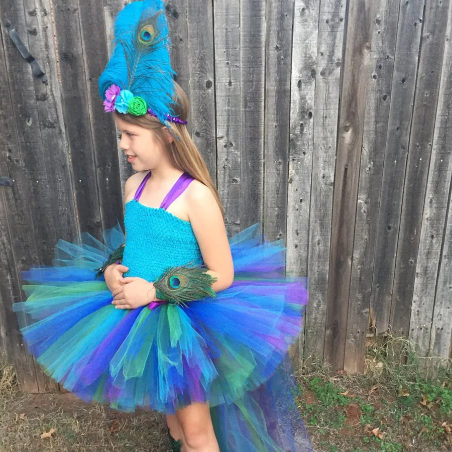 Glam Pageant Girls Peacock Costume Baby Kids Peacock Tutu Dress with Feather Glitter Headband Children Birthday Carnival Dress (2)
