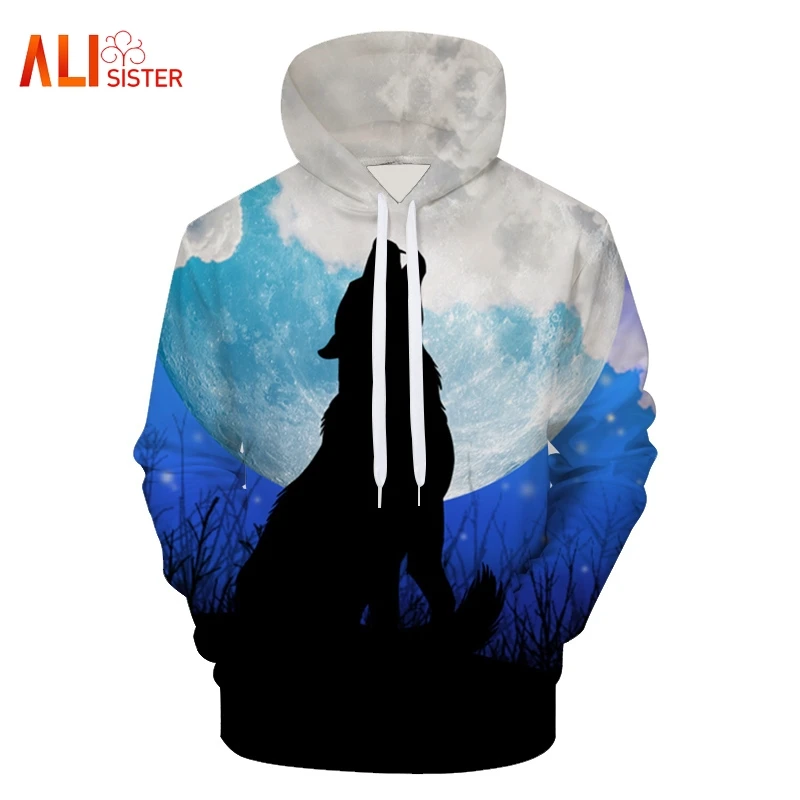 

2019 New 3d Wolf Hoodies Men's Casual Sweatshirts Long Sleeve Pullover Starry Sky Waterfall Geometric Printing Hooded Coat Hoody