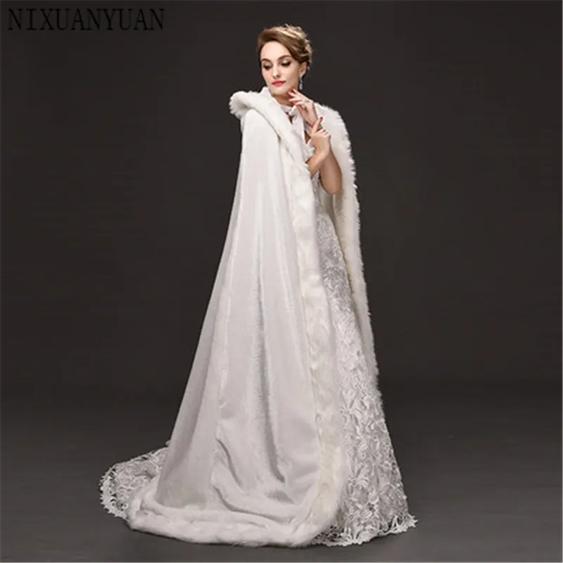 Floor Length Women Ivory Faux Fur Trim Winter Christmas Bridal Cape ...