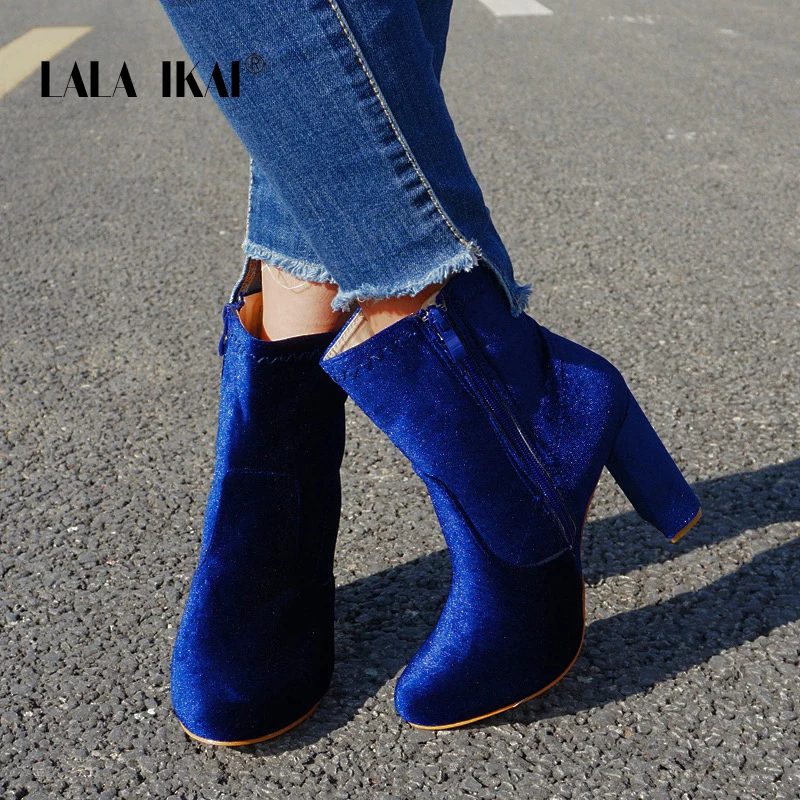 

LALA IKAI Round Toe Female Winter Boots Velvet Ankle Boots For Women Square Heel Platform Boots botas mujer 014N1466 -49