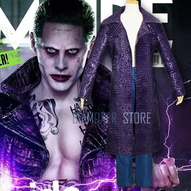 Biamoxer Men Suicide Squad Joker Cosplay Costumes Trench Coat Purple Jacket Clown T Shirts Green Wigs For Halloween Party