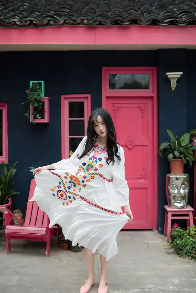 DakunhuiLC Подиум летнее женское винтажное богемное мексиканское роскошное вышитое свободное платье Vestido вечерние платья размера плюс - Цвет: long white