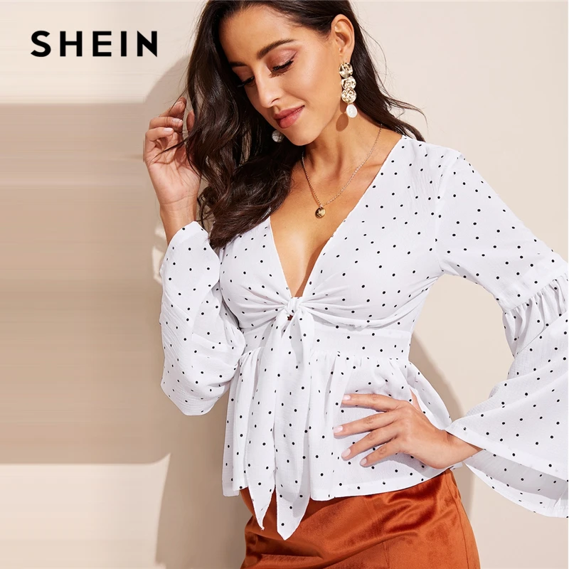 SHEIN Топ С Глубоким Вырезом И Оригинальным Рукавом Сексуальные Женские Блузки С Глубоким V-образным Вырезом