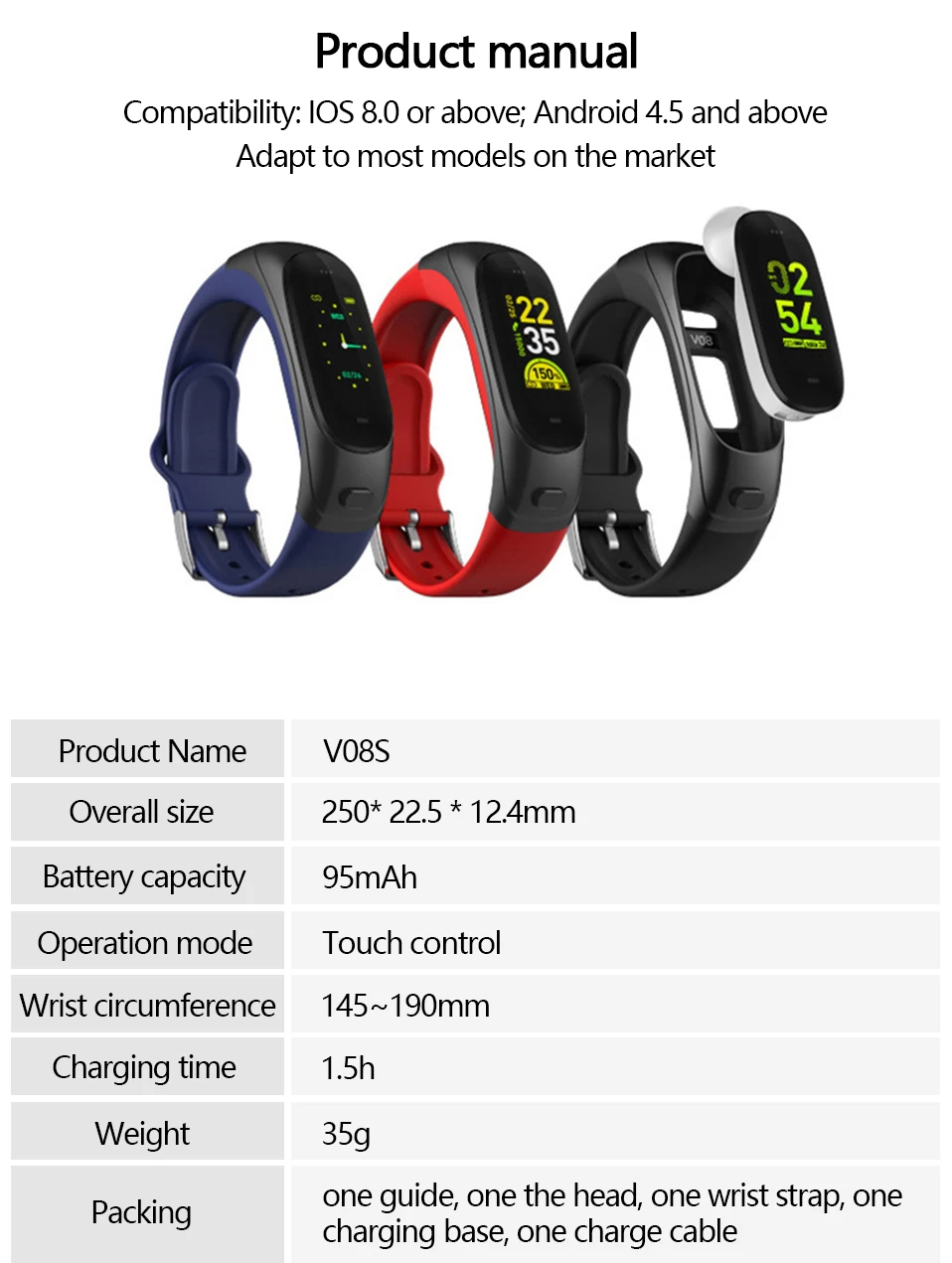 Smart band V08 Smart Watch Bracelet Waterproof Earphone Sensor Fitness Tracker Heart Rate Test  Smart Talk Band For Android ios (27)