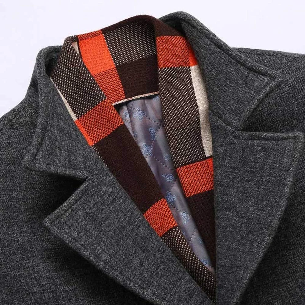 Мужская шерстяная смесь зимний Тренч пальто Slim Fit бушлат со съемным клетчатым шарфом-C