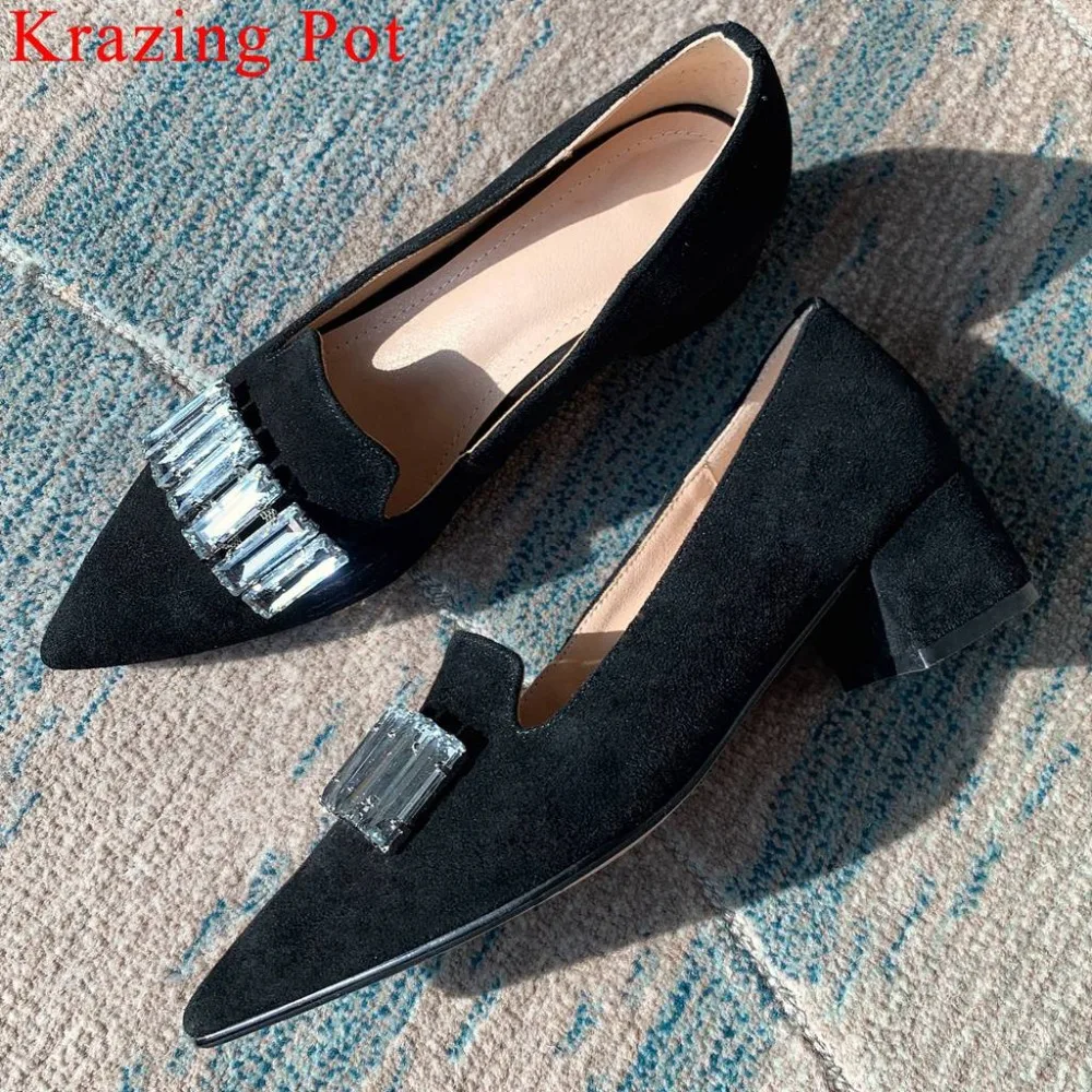 

Krazing Pot hot selling chunky heels new kid suede big size crystals decoration slip on women pumps pointed toe work shoes L2f1
