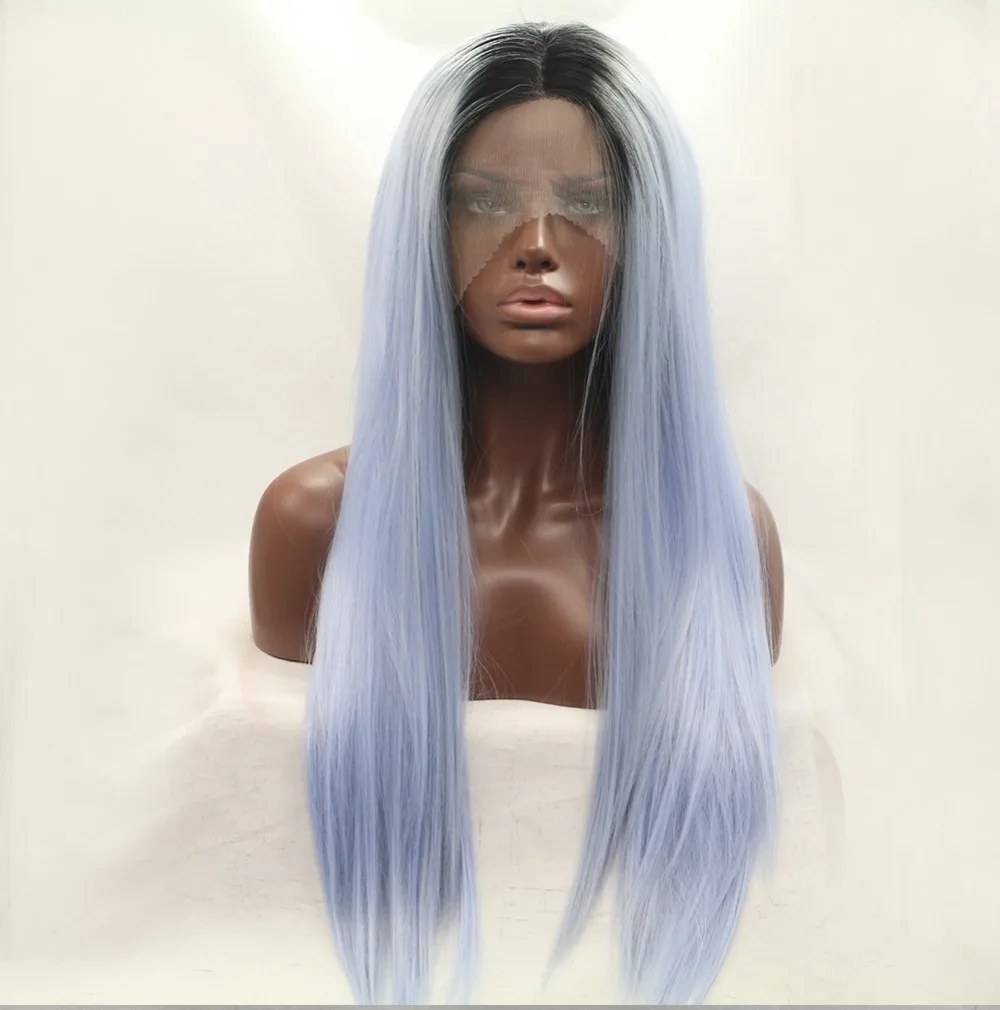 

Fantasy Beauty Ombre Blue Lace Front Wigs Long Natural Straight Ombre Synthetic Wig with Dark Roots Heat Resistant Lace Wigs for
