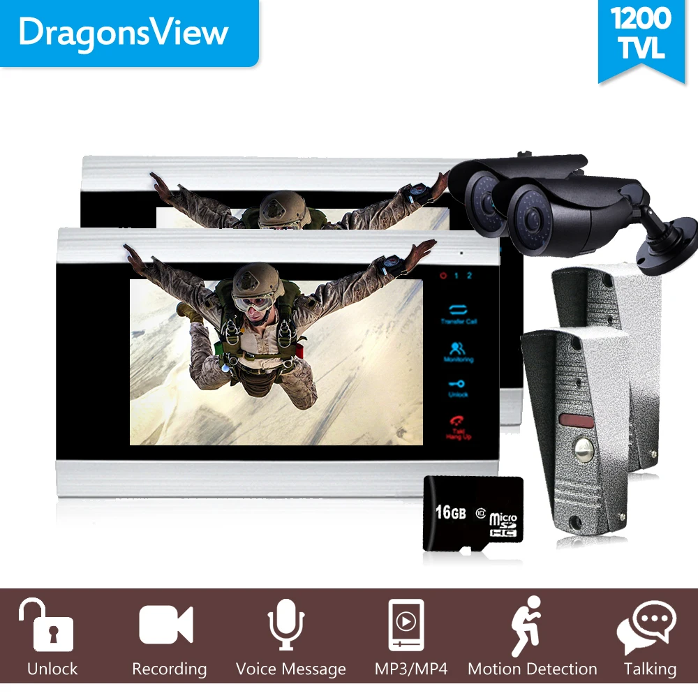 

Dragonsview 7 inch 1200TVL Video Door Phone Intercom System with 2 Monitors 2 Doorbells 2 Cameras System Day Night Vision