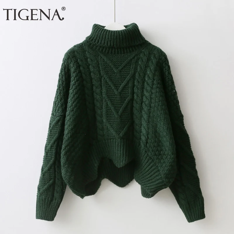 

TIGENA Thick Warm Turtleneck Short Pullover Sweater Women Jumper 2019 Winter Batwing Sleeve Sweater Female Pull Femme Green Pink