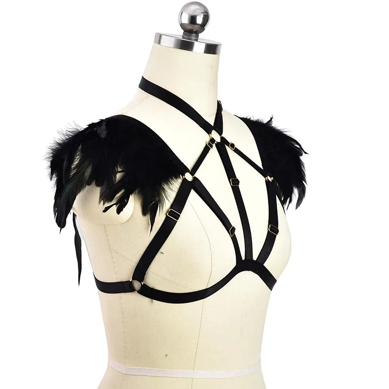Harajuku черный фестиваль перья Клетка Bralette эластичные крылья плеча кусок тела жгут костюм для бурлеска бондаж