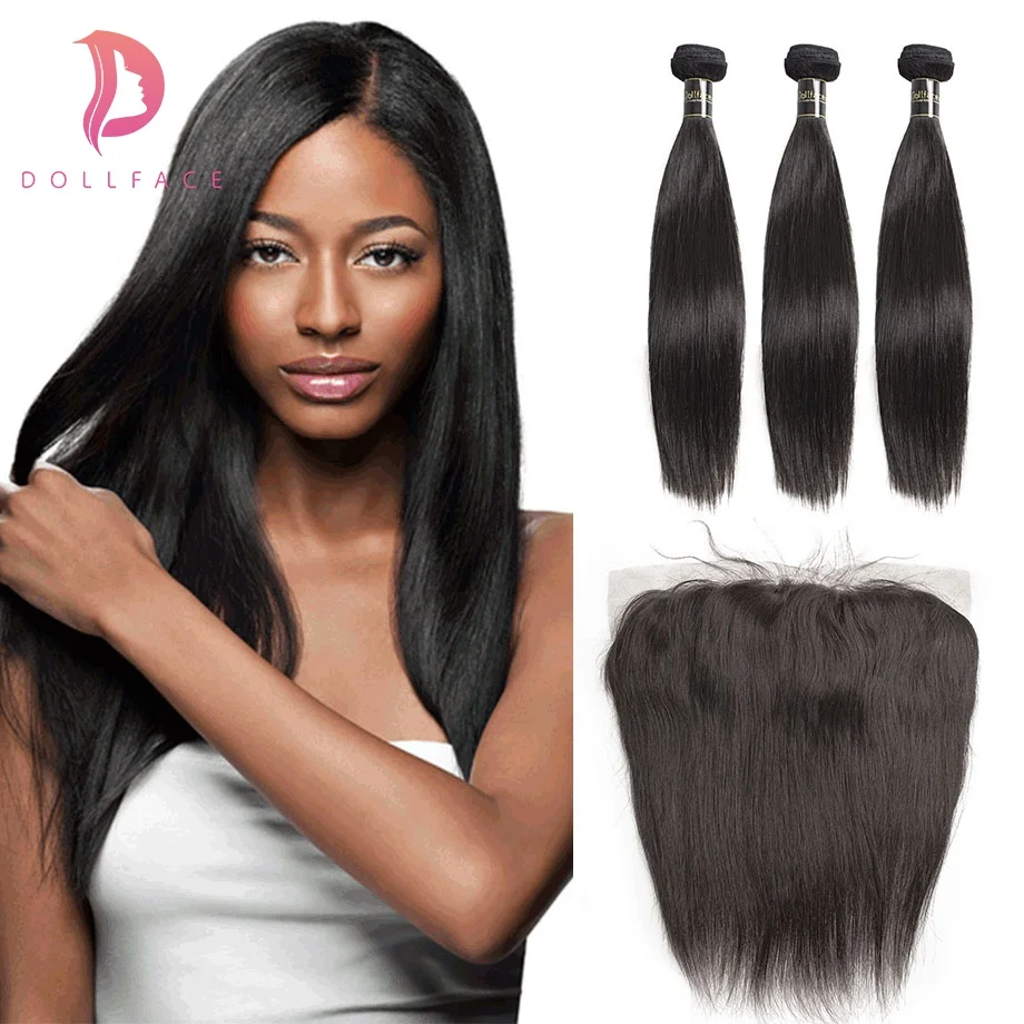 Dollface Brazilian 3 virgin Human Hair Bundles with Lace Frontal Closure Straight with Bundles