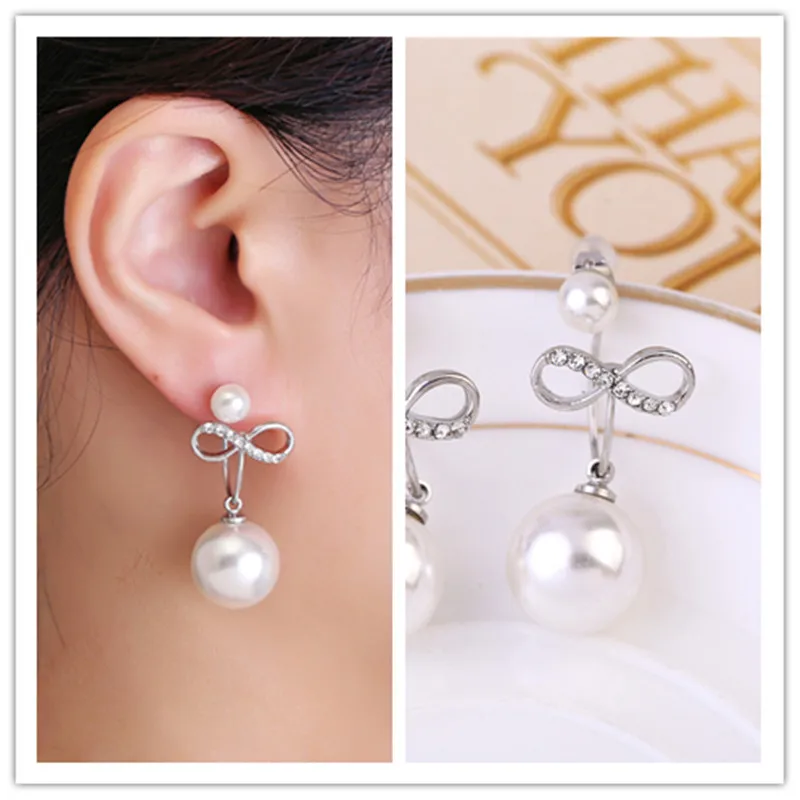 

Fashion Double Pearl Earrings Pearl Silver Plated Number 8 Shape Pendant Crystal Stud Earrings Pearl Jewelry For Wemon Girl Gift