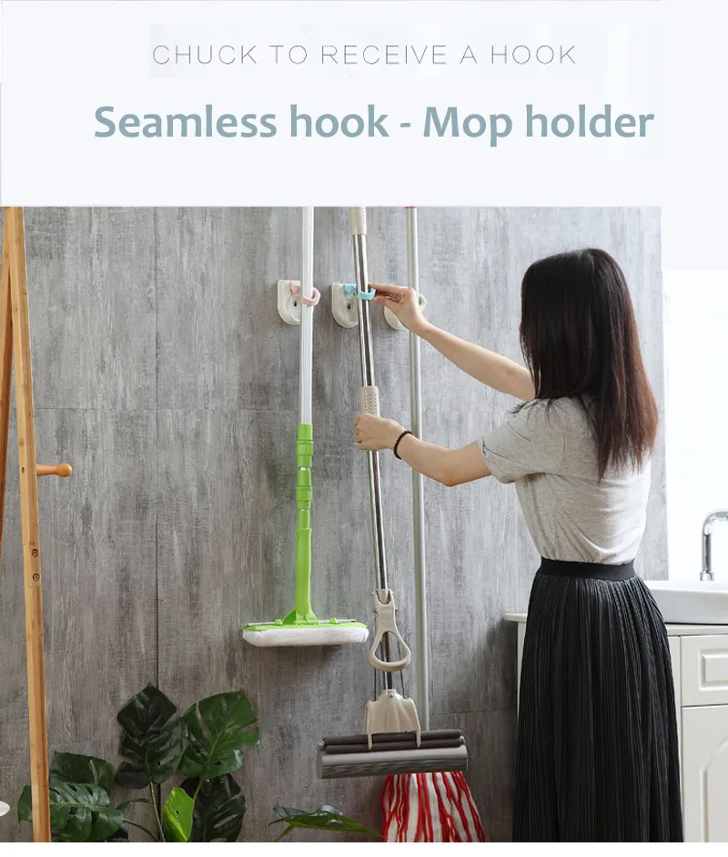 Wall Mounted Holder Kitchen Bathroom Storage Holder Organizer Mop Broom Rack Storage Holders Traceless Rack   (8)