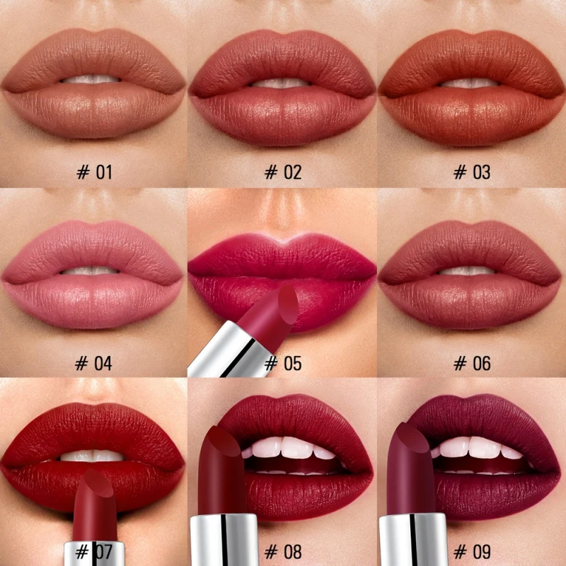 Sexy 9 Colors Silky Matte Lipstick Makeup Waterproof Pigmented Lip Stick Long-lasting Lips Make Up Cosmetics