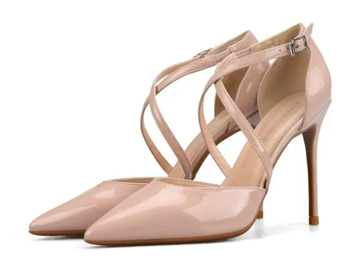 

2019 women high heel shoes brand pumps wedding shoes Cross band patent leather 10cm thin heel party high heel sandal 34-44