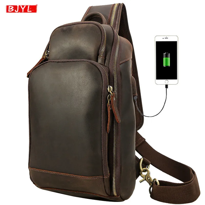 

Retro Crazy horse leather men's chest bags first layer leather crossbody bag male USB charging Large capacity shoulder bags 2019