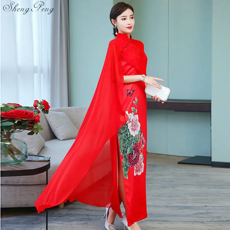 Cheongsam Красный Длинные Qipao платья для женщин для Китайская традиционная костюмы пикантные восточное платье Ретро Халат V1546