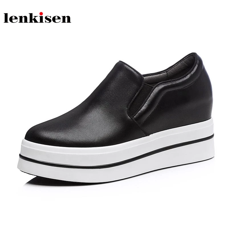 

Lenkisen new cow leather round toe slip on thick bottom simple sneaker shoes super high heels famous women vulcanized shoes L3f7