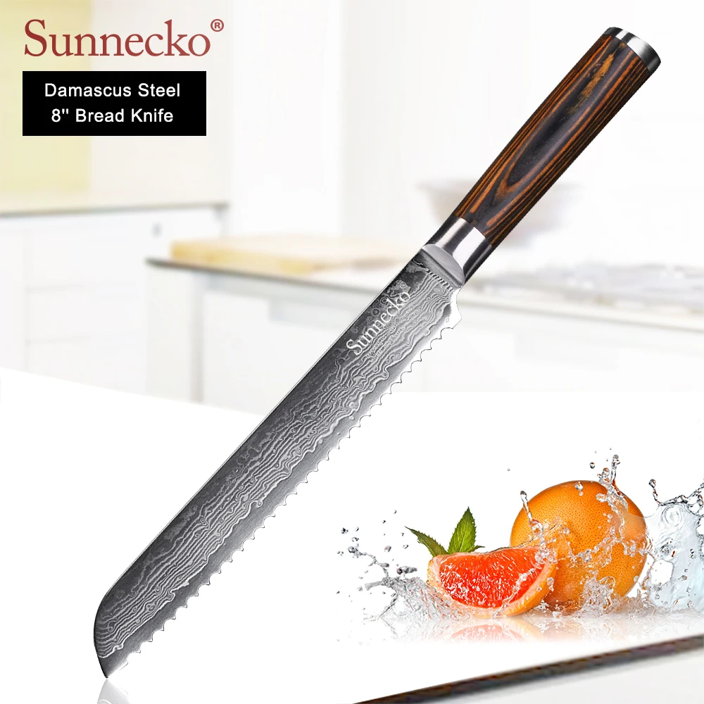 SUNNECKO 8" inch Bread knife Japanese VG10 Damascus Steel Sharp Blade