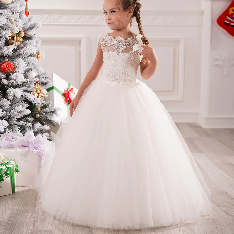 ФОТО New Arrival White Flower Girl Dress Ball Gowns Ankle Length Appliques Sleeveless O-neck Lace Up Vestidos Primera Comunion 2016