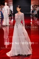 New Arrival Elie Saab Lace Appliqued Beaded Sequins Long Sleeves Silver Prom Dresses 2013 Open Back Evening Gowns BO2258