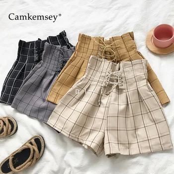 CamKemsey Japanese Harajuku Retro Plaid Summer Shorts Women 2019 Fashion Lace Up High Waist Wide Leg Shorts Girls Hot Shorts 1