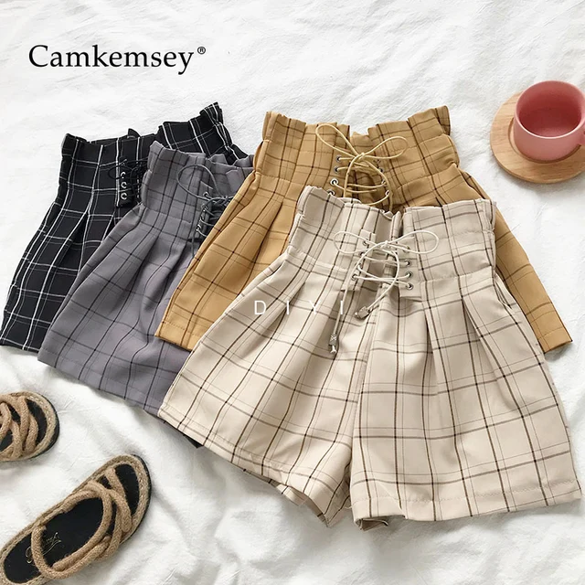 CamKemsey Japanese Harajuku Retro Plaid Summer Shorts Women 2019 Fashion Lace Up High Waist Wide Leg Shorts Girls Hot Shorts 1