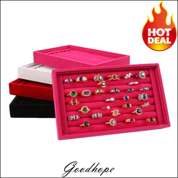 

Superior Velvet Ring Display Holder Tray Ring Storage Box Jewelry Organizer Case 4 Colors [Red, Pink, Black, White] Availbale