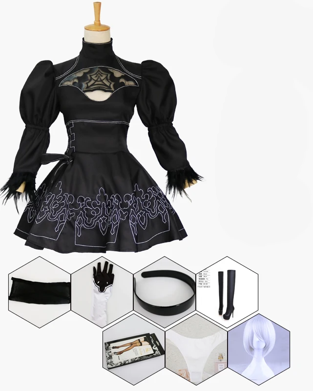 Nier Automata 2B Cosplay Anime Women Costume Set Outfit 2B Girls Halloween Girls Party Black Suit Black Dress Cosplay Costume - Цвет: AS SHOWN