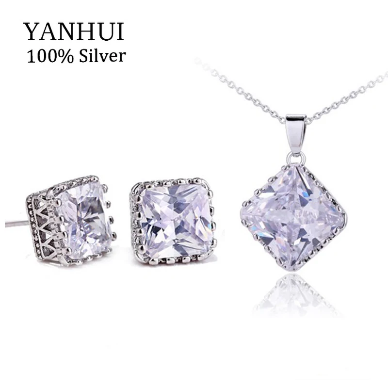 

YANHUI Brand Solid White Gold Filled Necklace Earrings Set Luxury 5 Carat CZ Diamant Stone Jewelry Sets For Women HS032