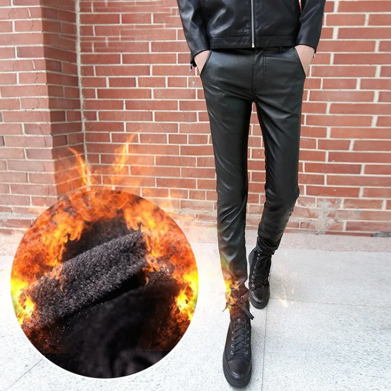 Зимние теплые брюки из искусственной кожи мужские модные весенние Узкие повседневные мужские брюки корейские обтягивающие мужские брюки из искусственной кожи