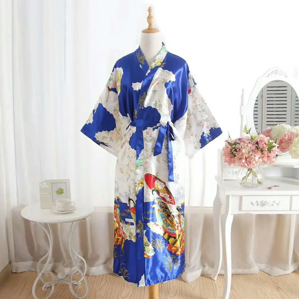 Шелковый Атласный халат для невесты, подружки невесты, Цветочный халат, длинное кимоно, винтажный ночной халат, халат для женщин, хит - Цвет: Dark Blue