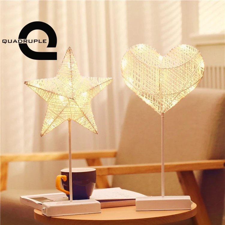 

Quadruple Rattan Woven LED Table Lamps Romantic Star Heart Shape Night Light Girls Bedroom Table Lighting Decor Lovely Gifts