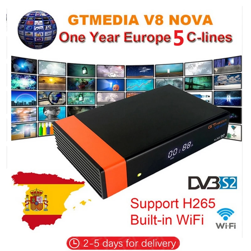 Gtmedia v8 nova DVB-S2 FTA спутниковый ресивер freesat v8 с Европой Cccam 7 линий на 1 год поддержка H.265 встроенный WiFi