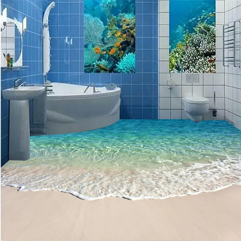 beibehang painting HD blue sea reef scenery Waterproof Bathroom kitchen balcony PVC Wall paper Self wall sticker Floor mural