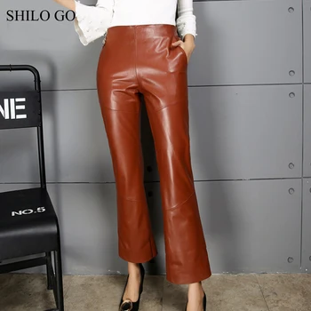 

SHILO GO Leather Pants Womens Autumn Fashion sheepskin genuine leather Pants high waist zipper concise long flare pants