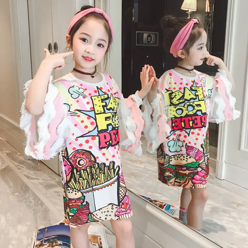 

Girls summer dress Toddler girls tops 2019 summer Casual Loose tshirt-dress Lace sleeve dresses Fashion print dress girl 3y-14y