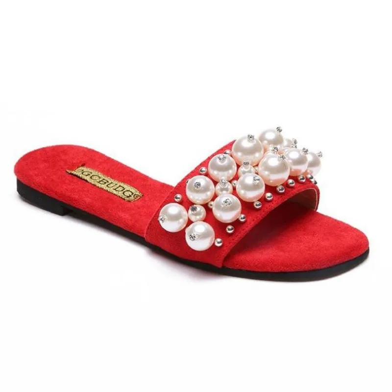 Женская обувь; женские модные шлепанцы; Роскошная обувь; женские дизайнерские шлепанцы; пляжная обувь с жемчугом; женские летние сандалии на плоской подошве - Цвет: red
