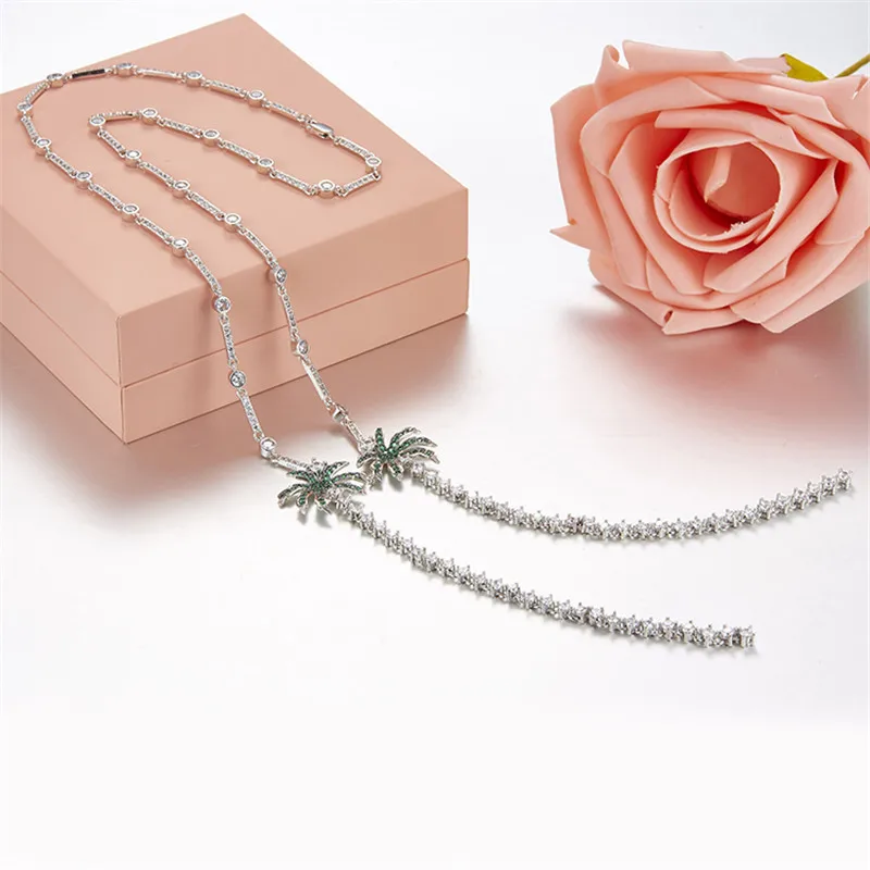 

Pure 925 Sterling Silver Green Coconut Palm Tree Crystal Necklace Full AAA Cubic Zirconia Elegant France Monaco Women Jewelry