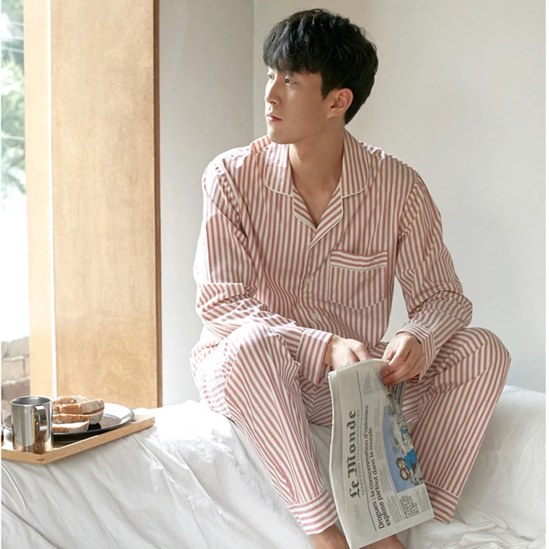

Men and women Japanese striped pajamas men spring and autumn cotton men's long-sleeved couple home service suit