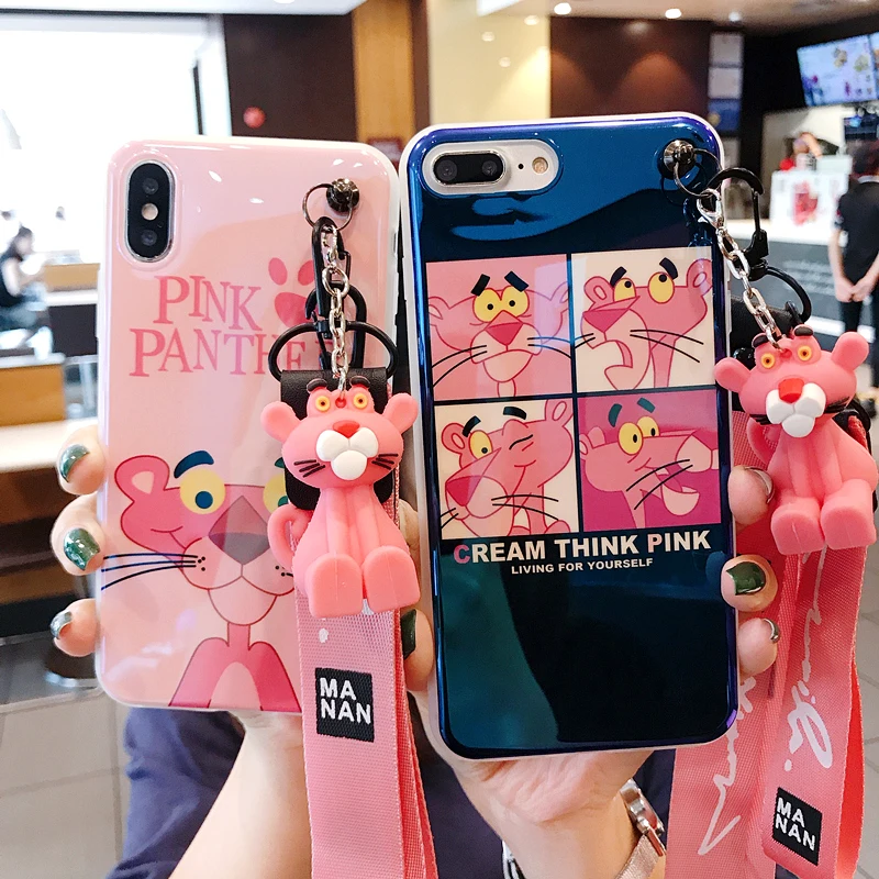 

Cute 3D Pink Panther Blue Light IMD Case For iPhone XS XR XS MAX Doll and hanging rope Case for iphone X 6 6S 7 8 plus Case