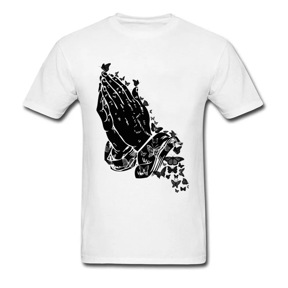 Praying hands and butterflies Crazy T-Shirt for Male 100% Cotton Summer Tops T Shirt Tee Shirt Short Sleeve Brand Crew Neck Praying hands and butterflies white